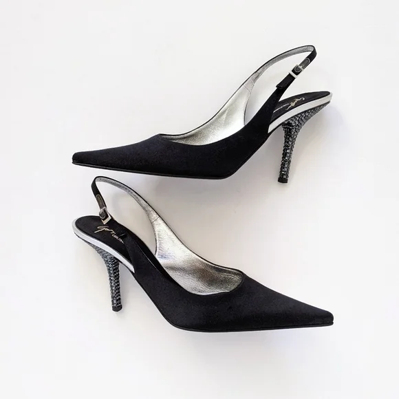 Giuseppe Zanotti Black Crystal Embellished Satin Slingback Pumps - Picture 3 of 16